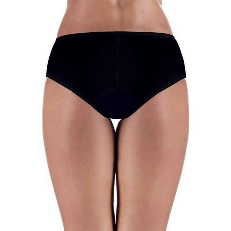 Women’s incontinence panty, black brief style with full coverage leg openings.