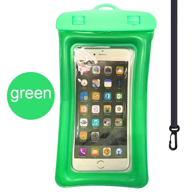 Green waterproof phone pouch with clear touchscreen window and hanging lanyard