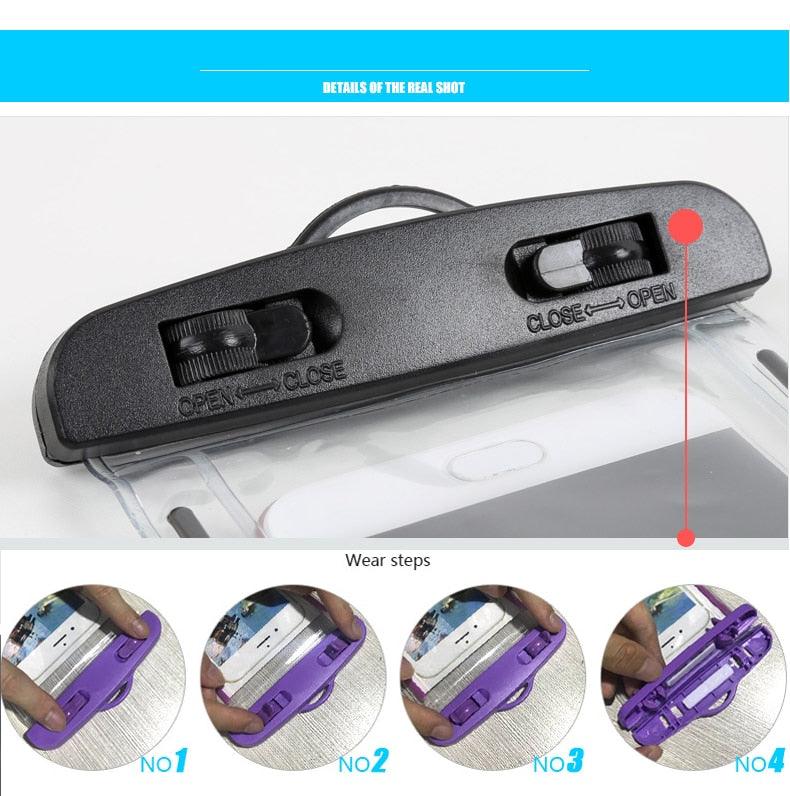 Black waterproof phone pouch with close/open latch and clear touch-screen window