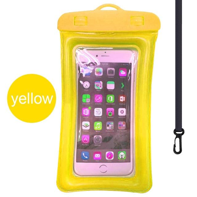 Yellow waterproof phone pouch bag with touch-screen window and neck strap