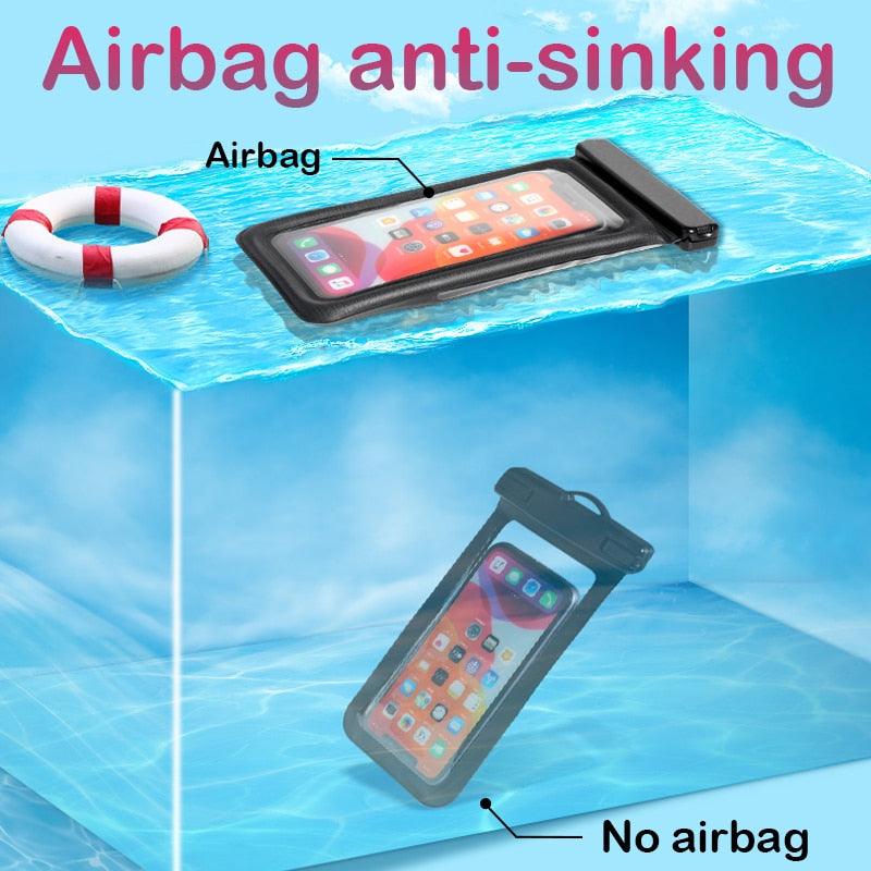 Blue waterproof phone pouch with clear window and floating-style design