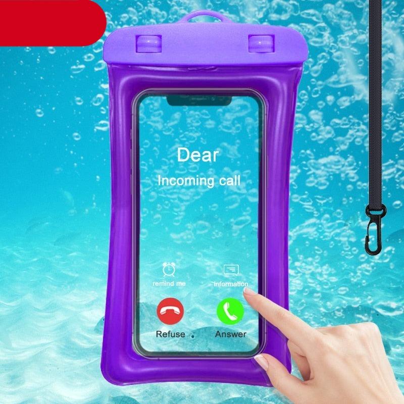 Purple waterproof phone pouch with clear touchscreen window and wrist lanyard