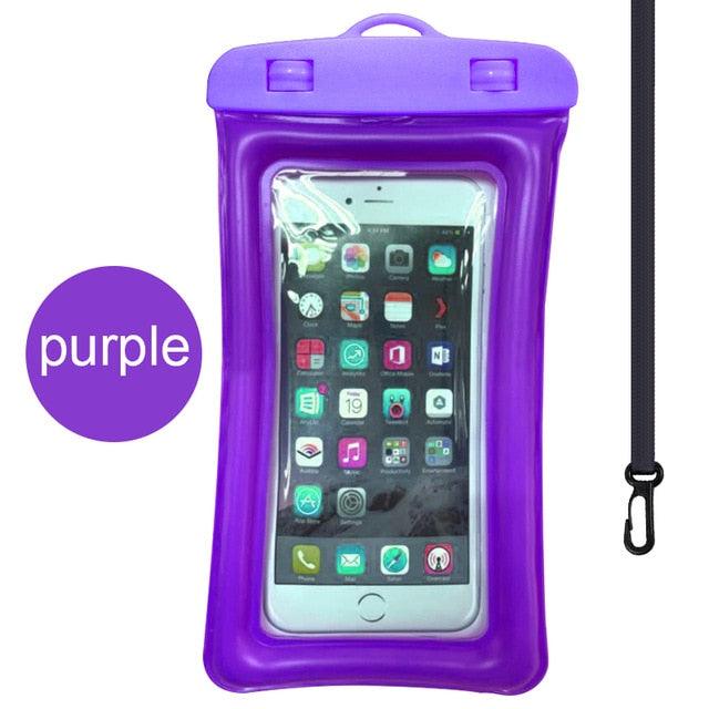 Purple waterproof phone pouch with clear touchscreen window and hanging lanyard