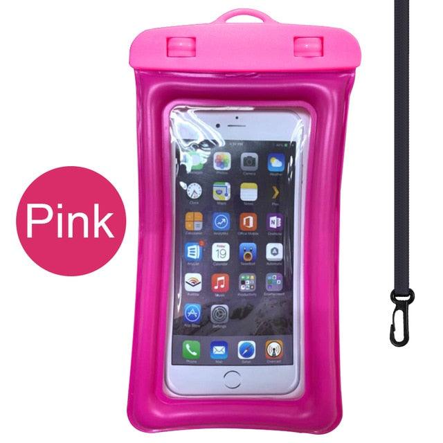 Pink waterproof phone pouch with clear touchscreen window and hanging lanyard