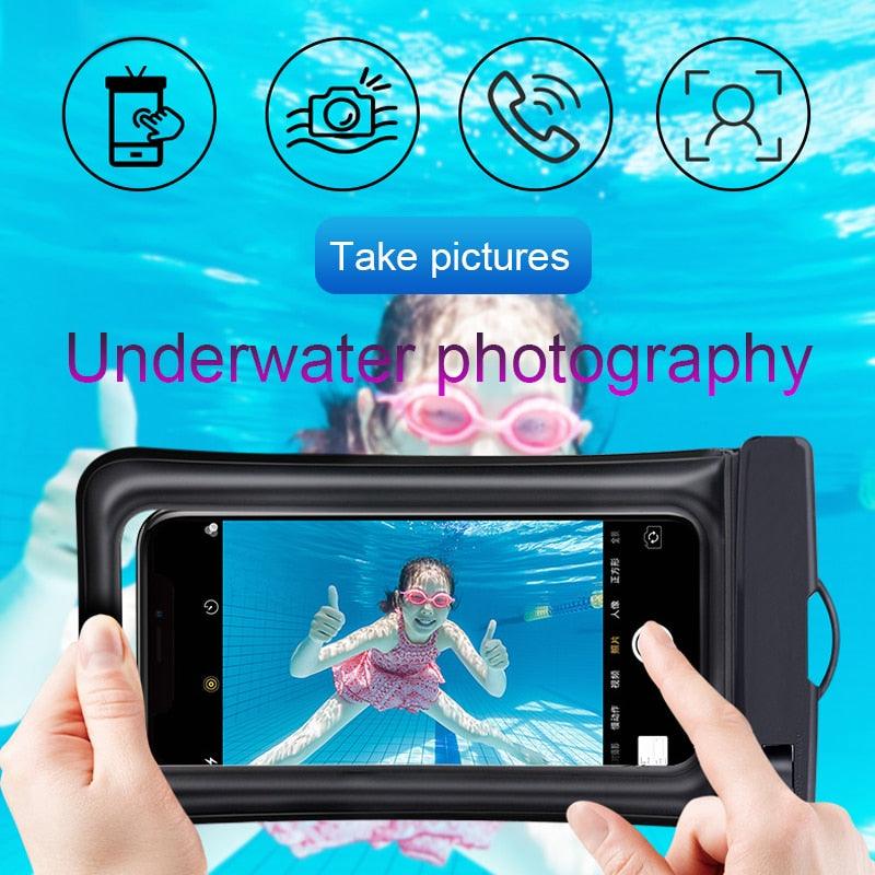 Black waterproof phone pouch with clear window for underwater phone photos