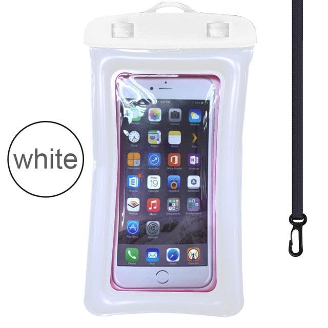 White waterproof phone pouch bag with touch-screen window and neck strap