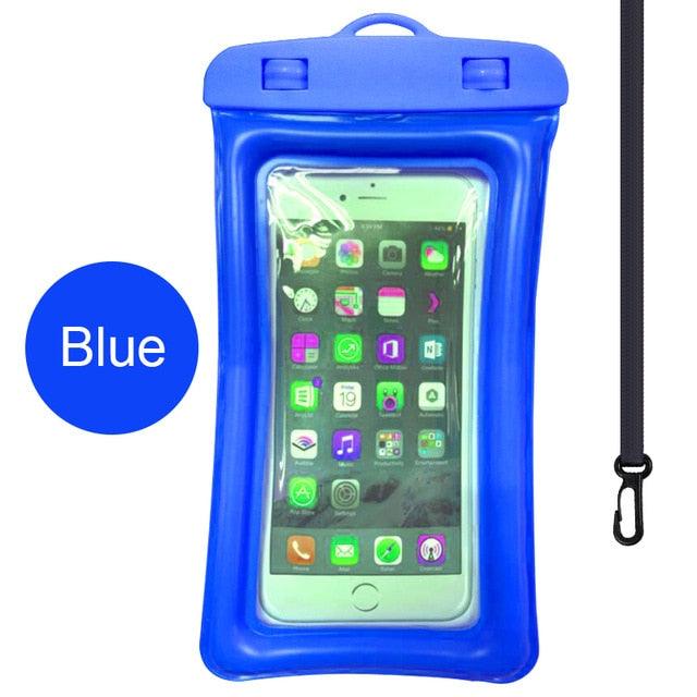 Blue waterproof phone pouch with clear touchscreen window and hanging lanyard