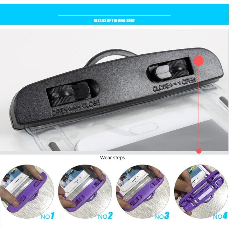 Black waterproof phone pouch latch close-up with fold-over clasp detail
