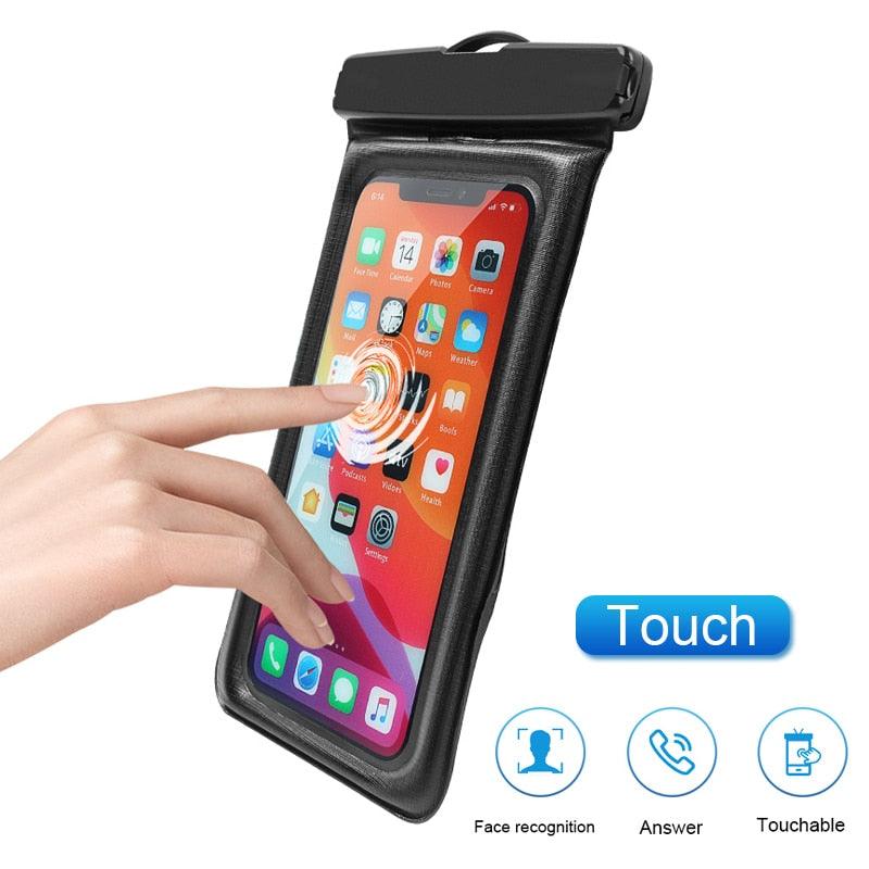 Black waterproof phone pouch with clear touchscreen window and touch-friendly cover