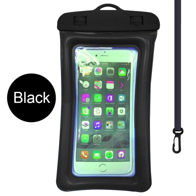 Black waterproof phone pouch with clear touchscreen window and hanging lanyard