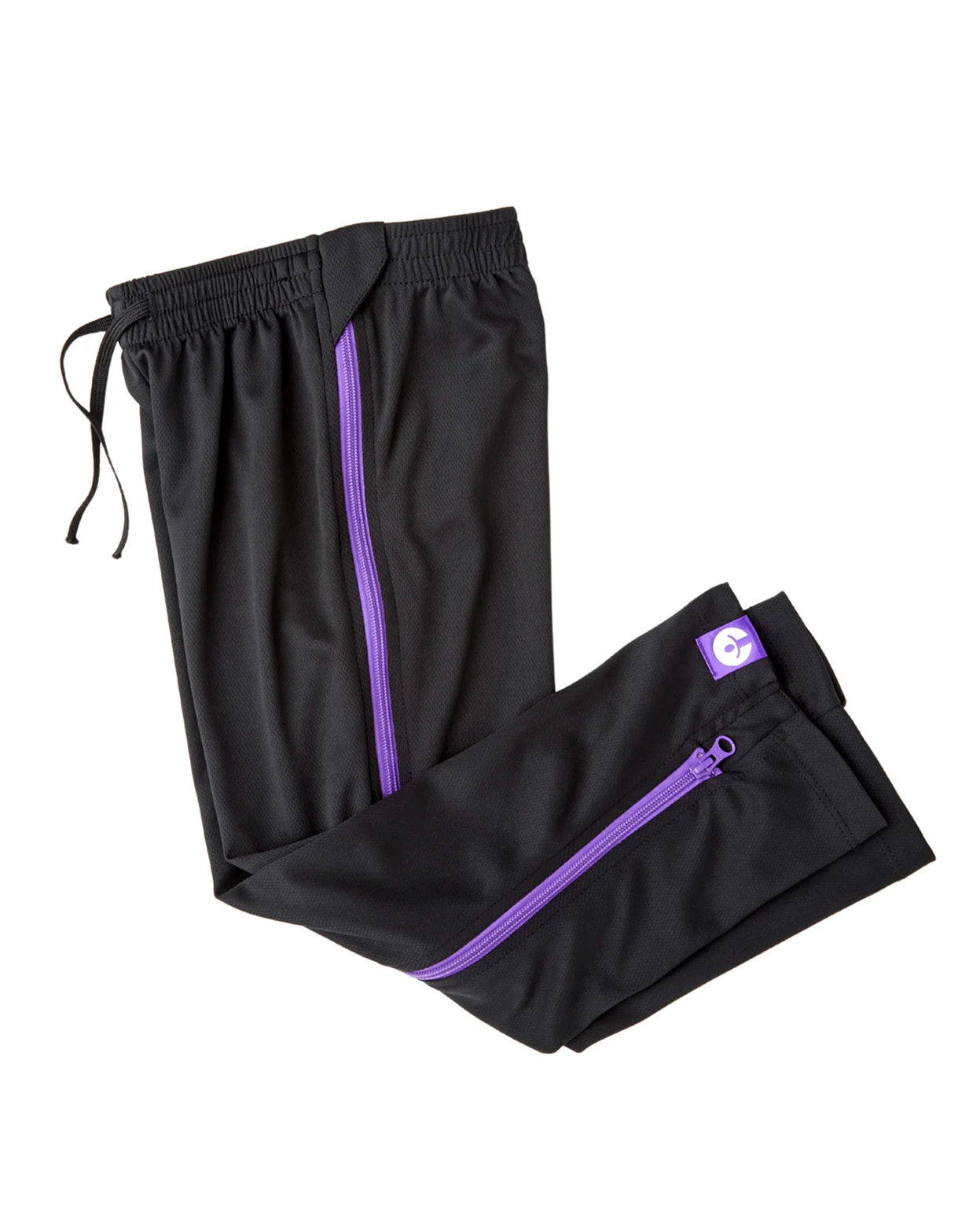 Black pants with purple zippers on a white background