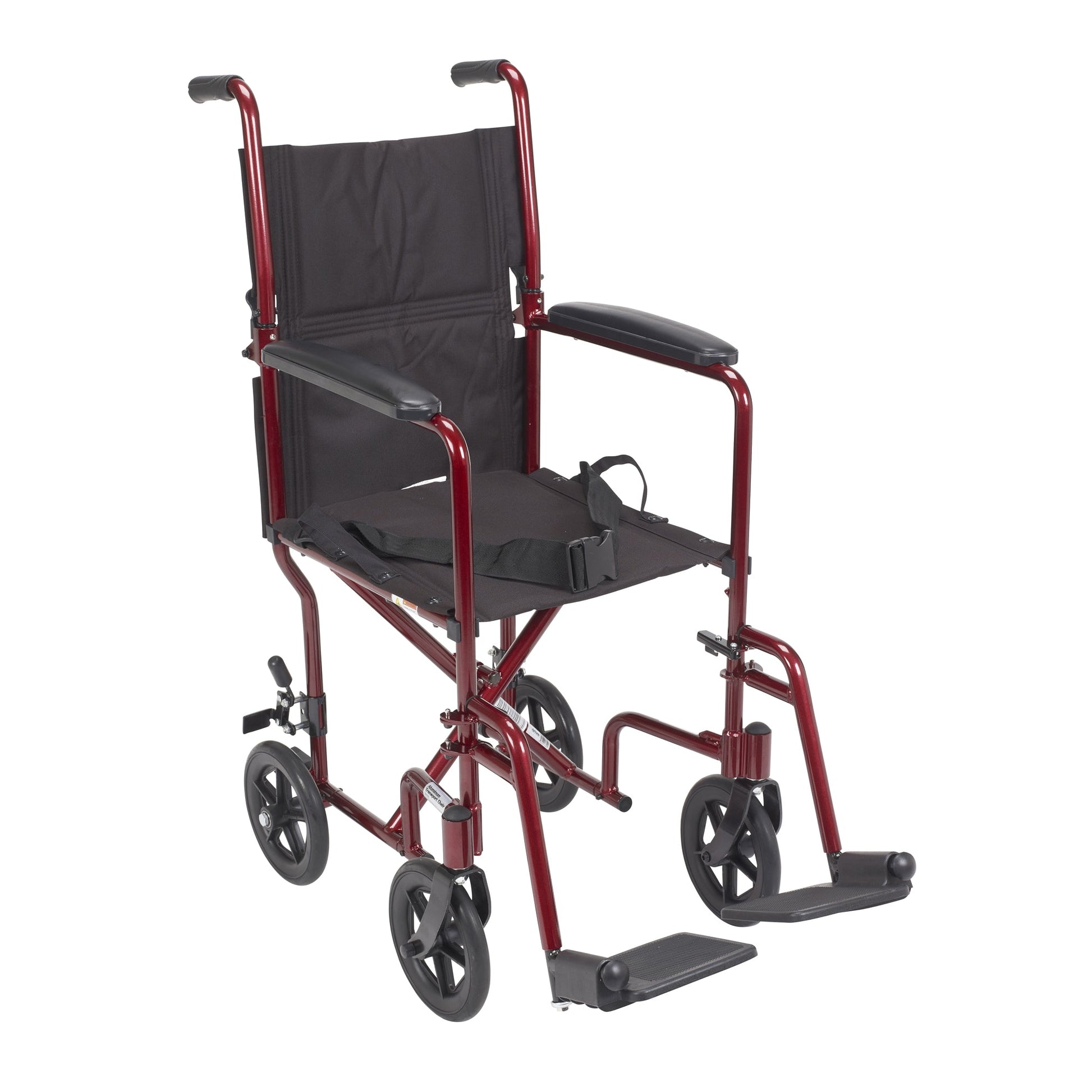 Red lightweight transport wheelchair with black padded seat and back, reclining footrest