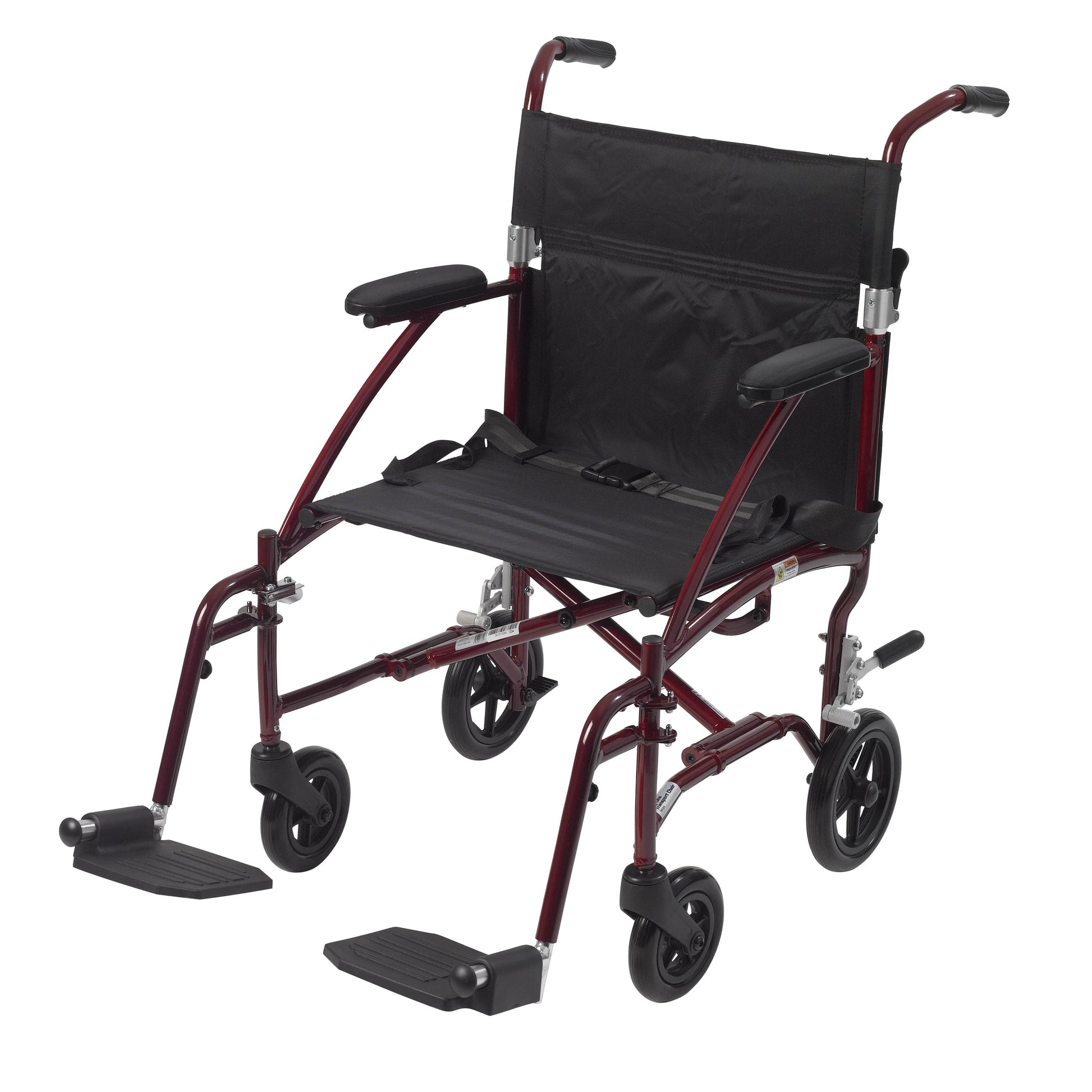 Burgundy transport wheelchair with black seat, armrests, and swing-away footrests