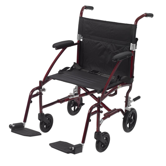Burgundy transport wheelchair with black seat, armrests, and swing-away footrests