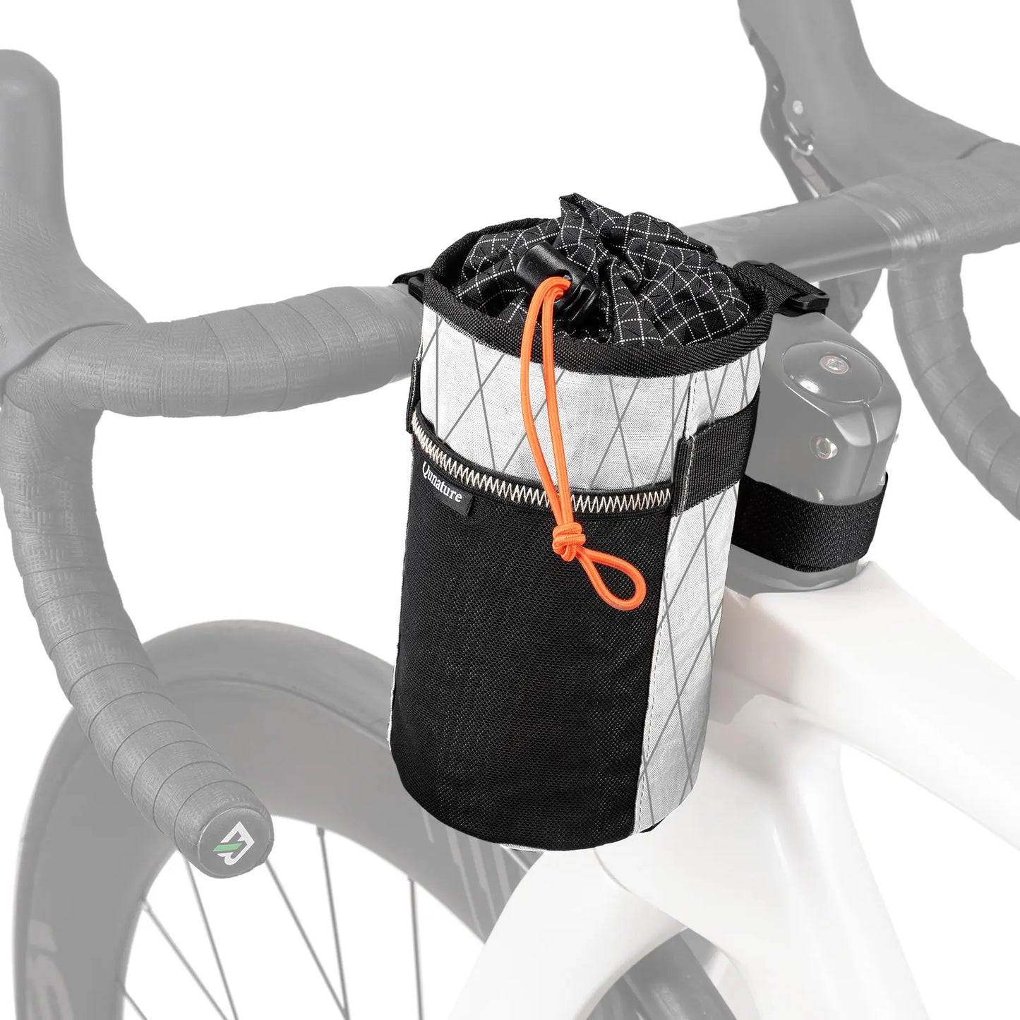 Black bike water bottle holder bag with insulated grid top and orange drawstring