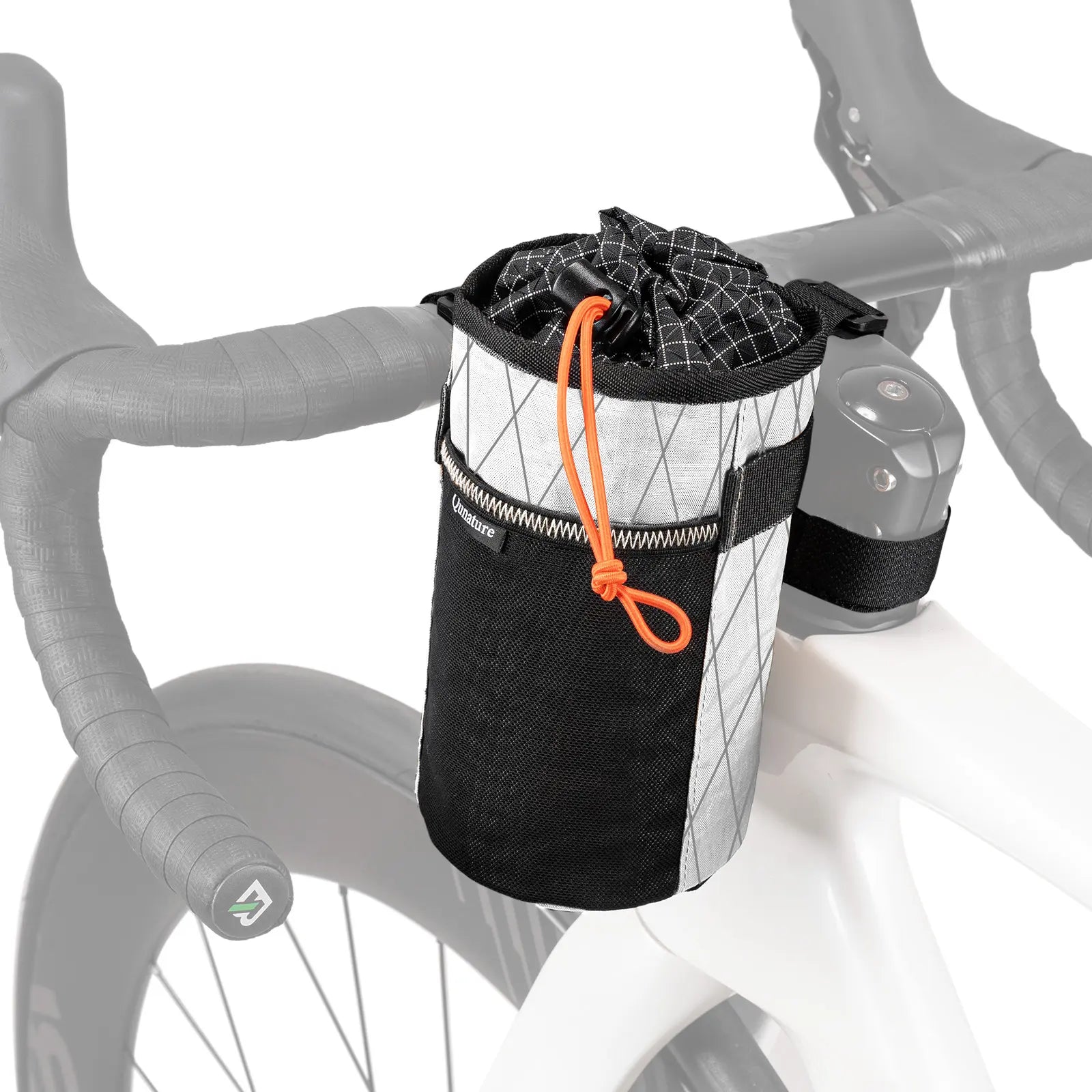 Black bike water bottle holder bag with insulated grid top and orange drawstring