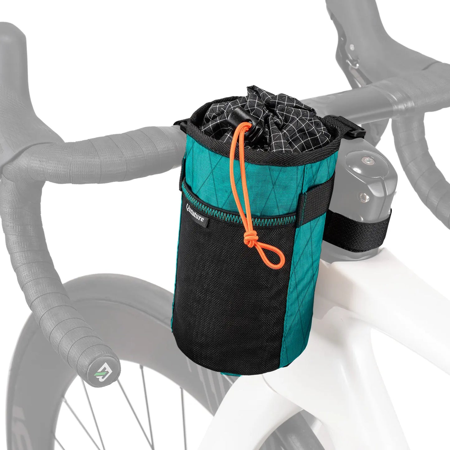 Teal and black bike water bottle holder bag with insulated grid top and orange drawstring