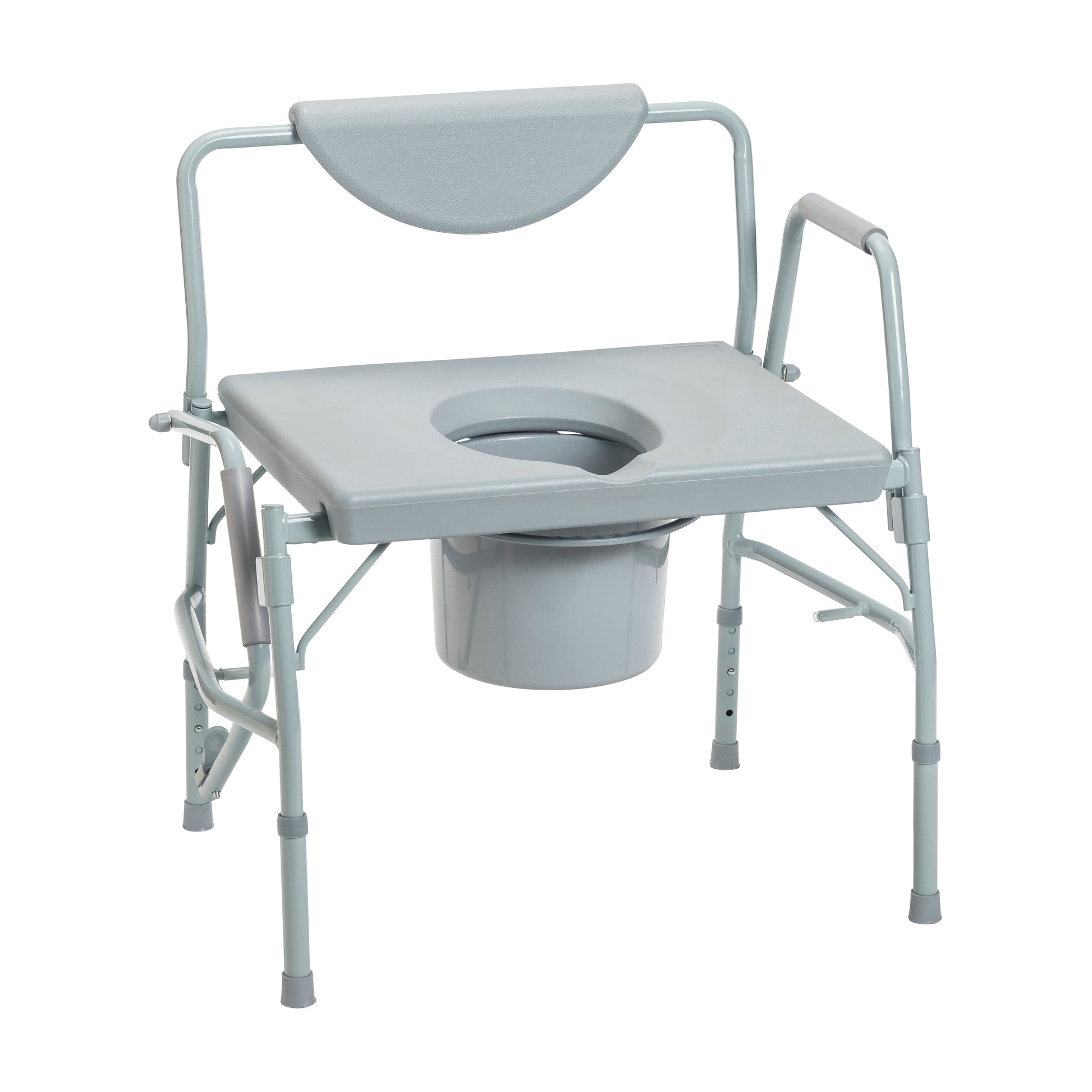 Bariatric bedside commode chair with drop arms, padded seat and toilet opening.