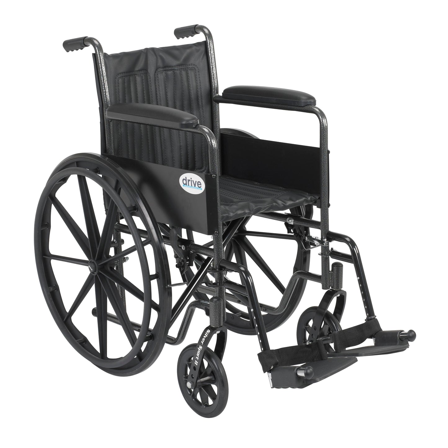 Black wheelchair with silver frame, fixed arms and swing-away footrests, large rear wheels