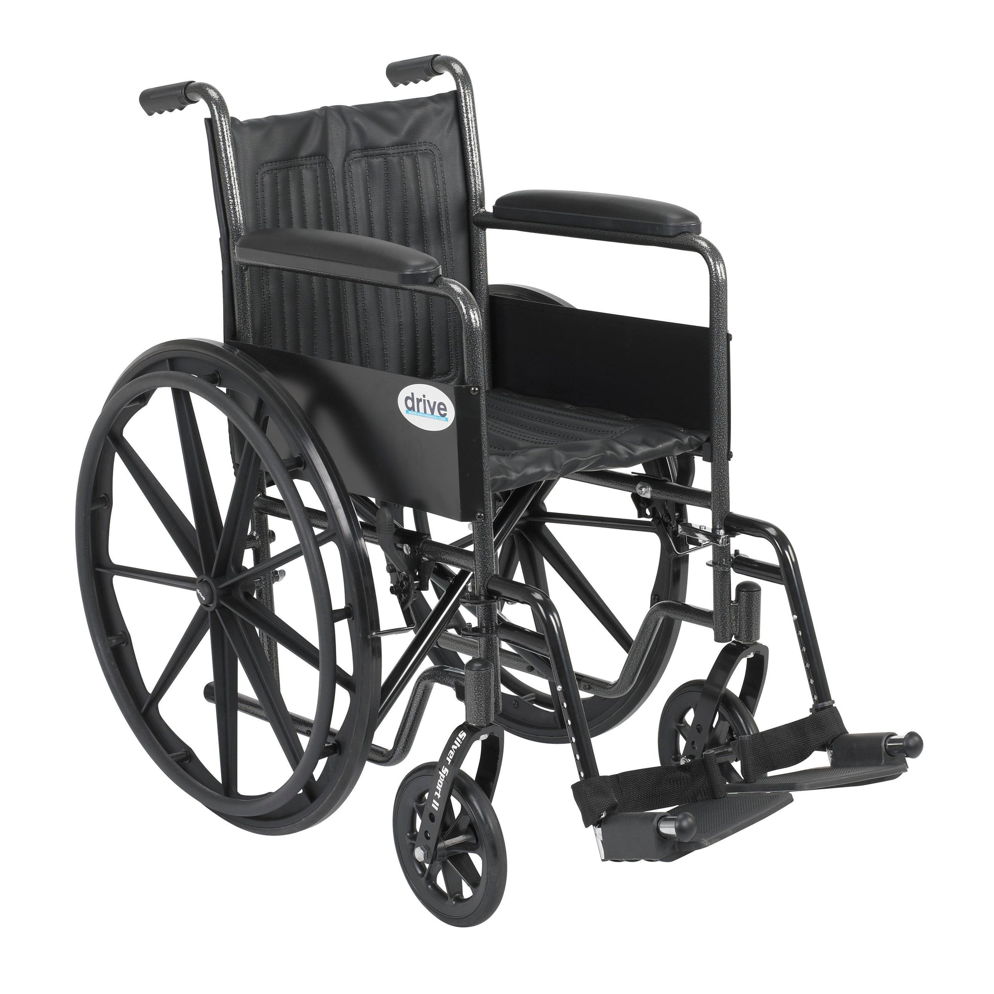 Black wheelchair with silver frame, fixed arms and swing-away footrests, large rear wheels