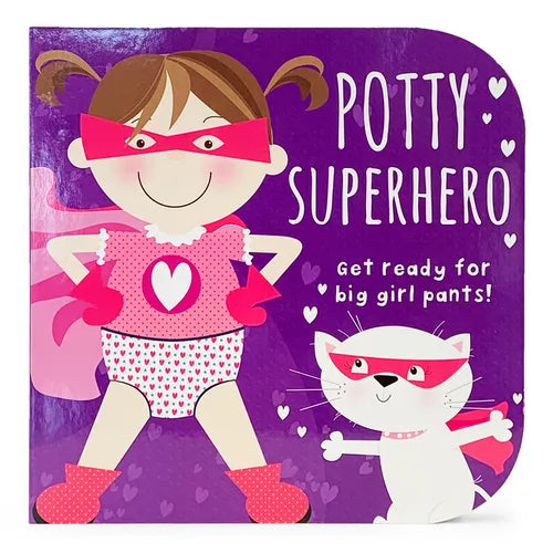 Purple potty superhero board book cover with masked girl, hearts, and cute cat