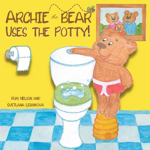 Children's paperback potty-training tale cover showing Archie bear near a toilet
