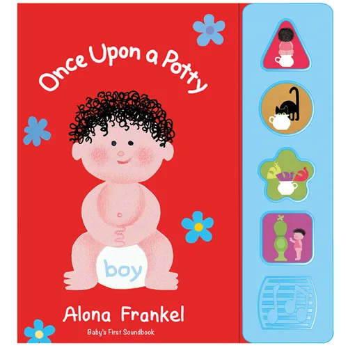 Red board sound book cover with curly-haired boy and potty-themed illustrations