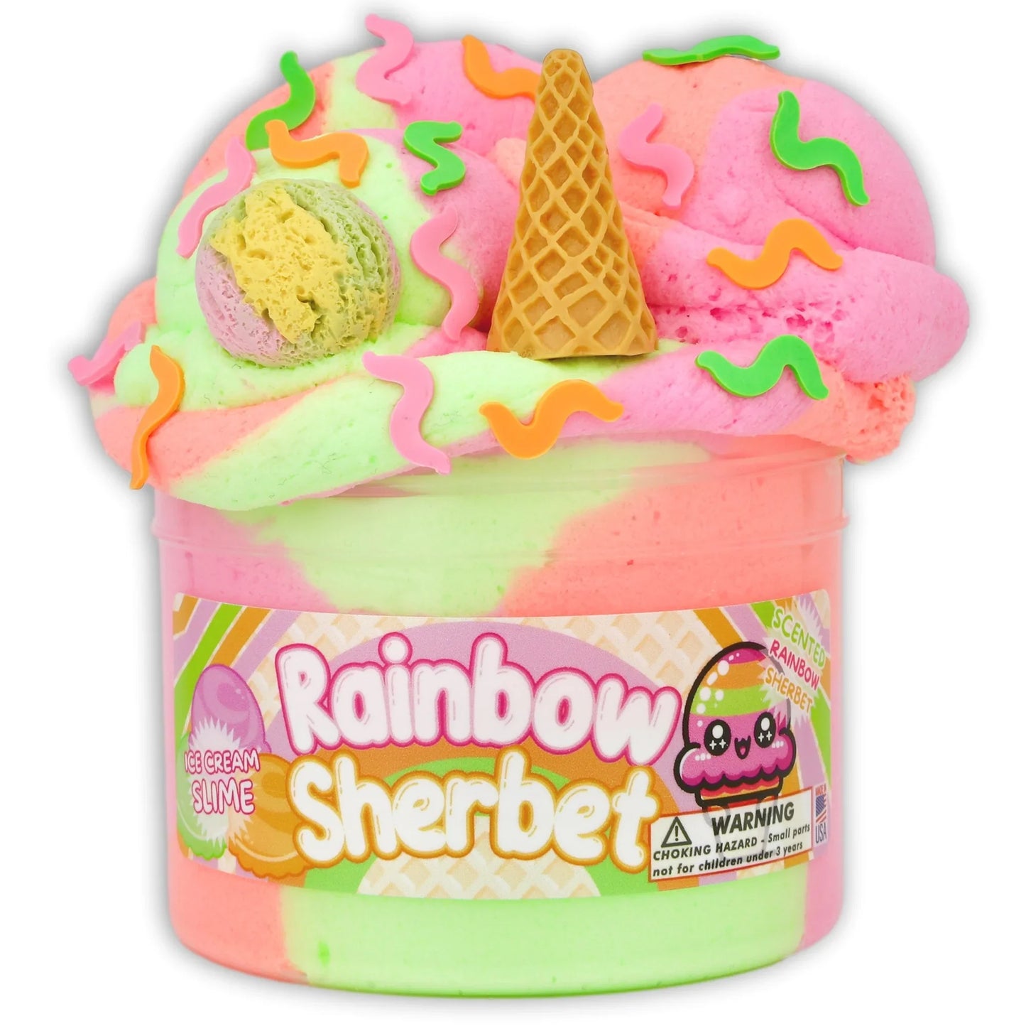Rainbow Sherbert slime tub with pink, mint, and green layers plus waffle and scoop toppings