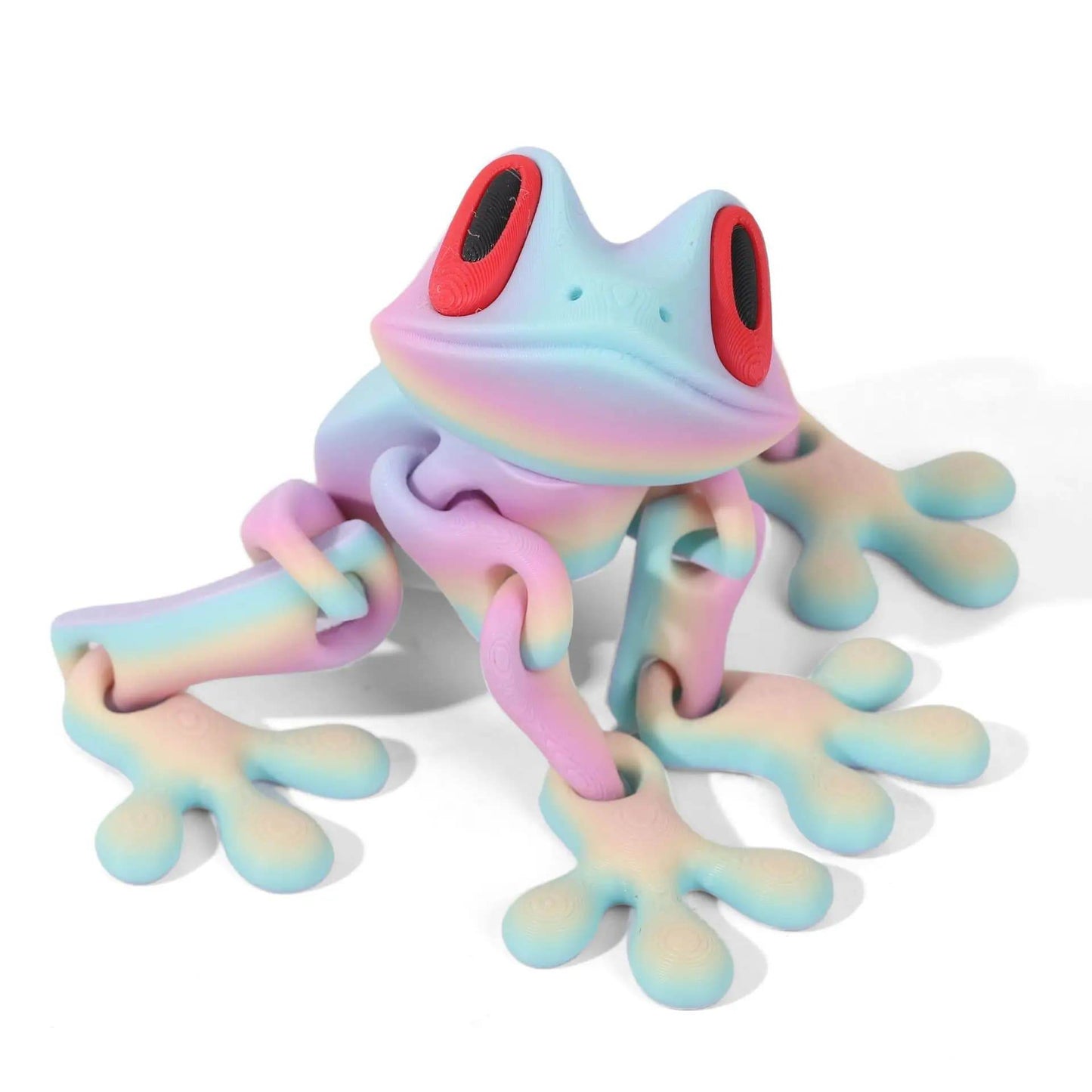 Iridescent light blue 3D printed magnetic frog toy with red oval eyes and four legs.