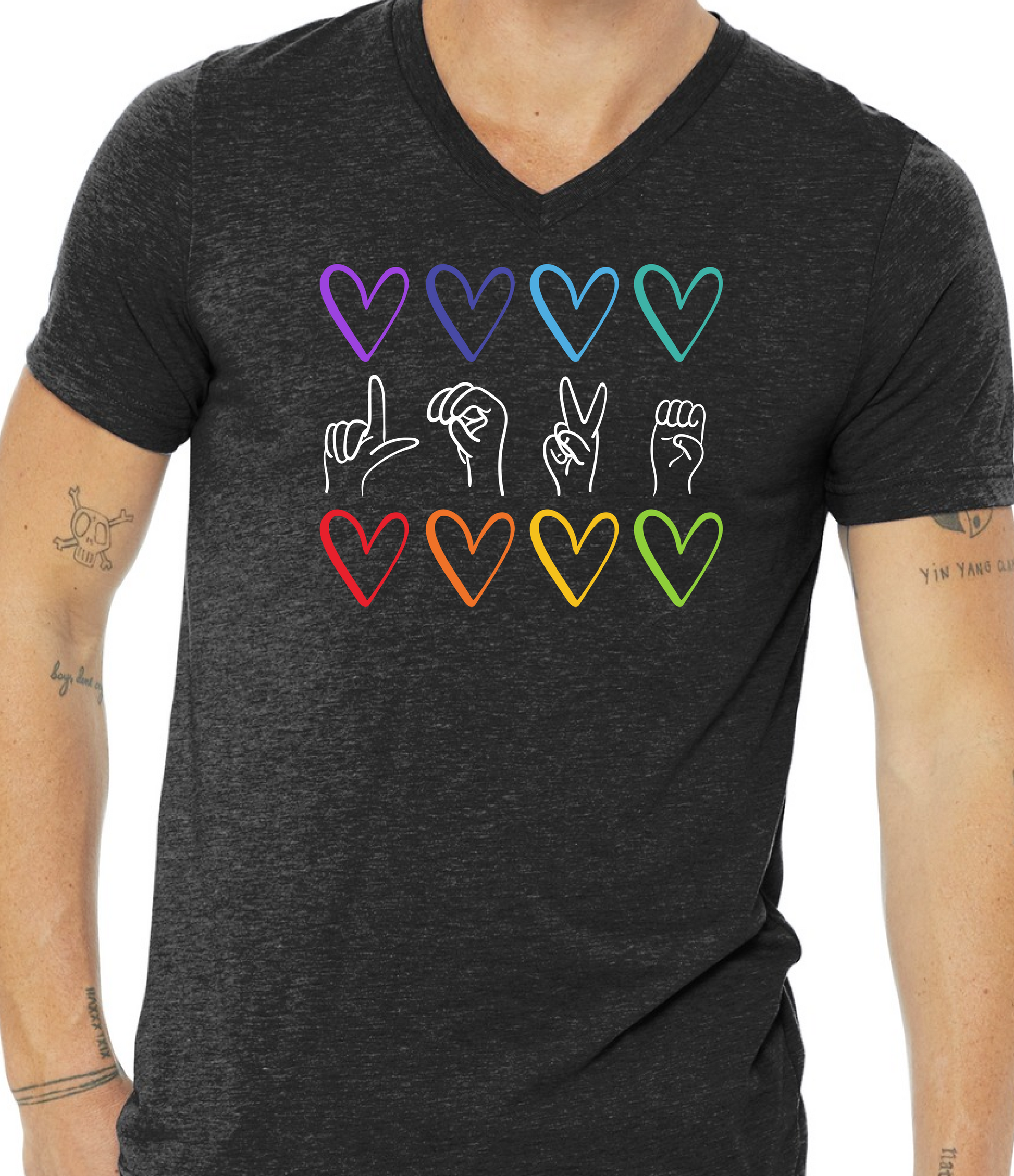 Black t-shirt with colorful heart and hand symbols on a white background