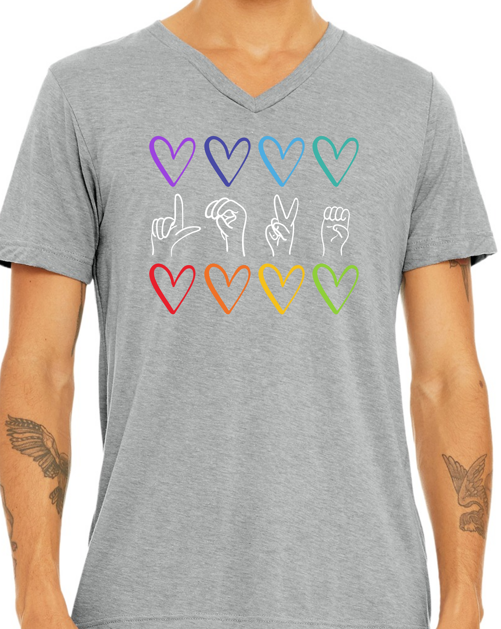 Gray t-shirt with colorful heart and sign language hand symbol design.