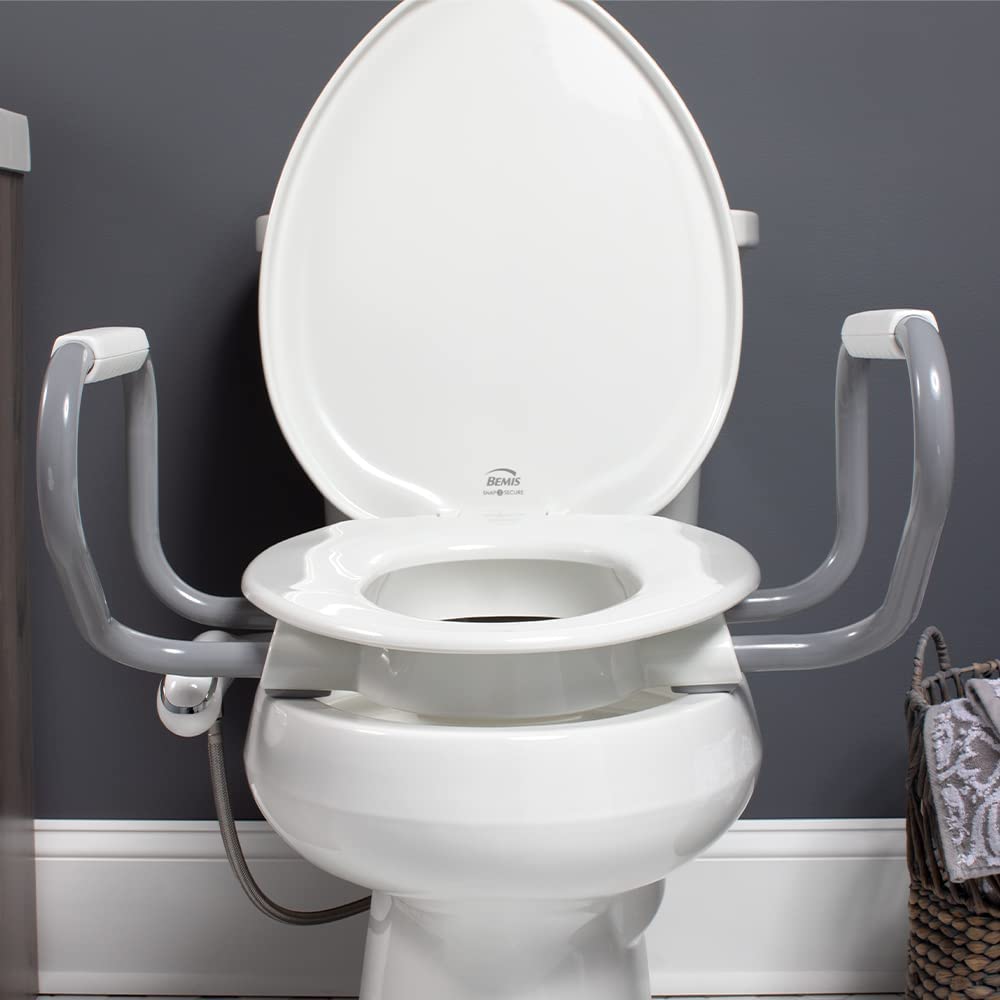 Raised bidet toilet seat with open-lid design and grey side arm handles, white