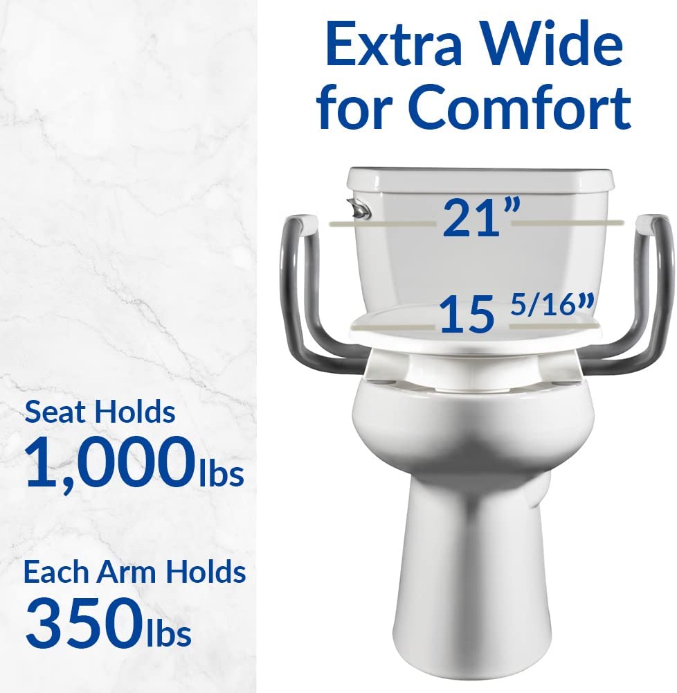 Raised bidet toilet seat with grey arm handles, white; extra-wide raised bowl
