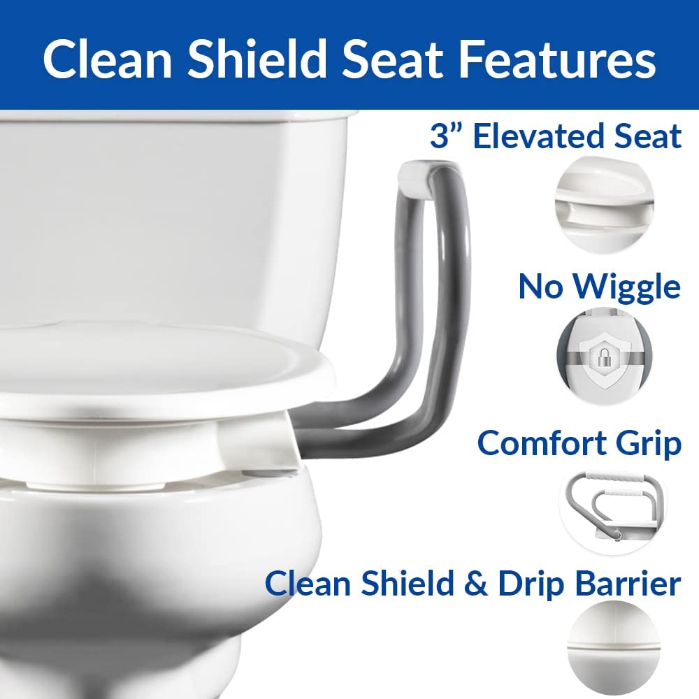 Raised bidet toilet seat with grey arm handles and front shield design, white