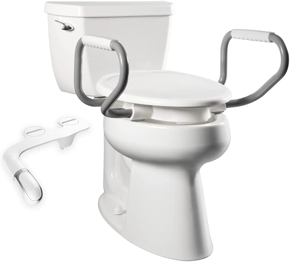 Raised toilet bidet seat with two grey arm handles and integrated front nozzle, white