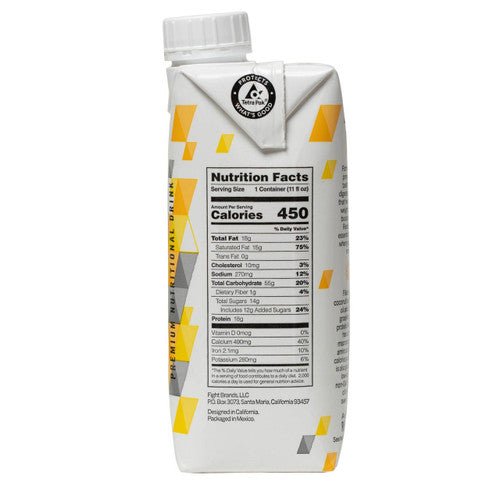 Nutrition facts panel on chocolate high-calorie beverage carton, serving calories and macros