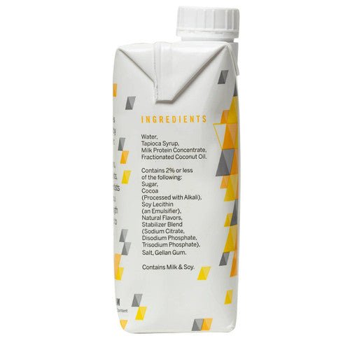 Chocolate nutrition beverage carton back panel with ingredients list
