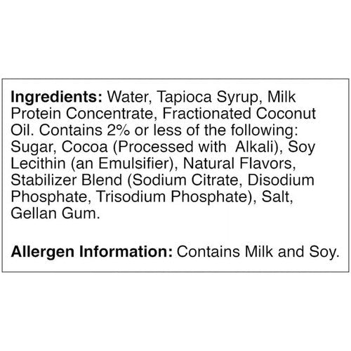 Ingredients text and allergen information on chocolate nutrition beverage carton