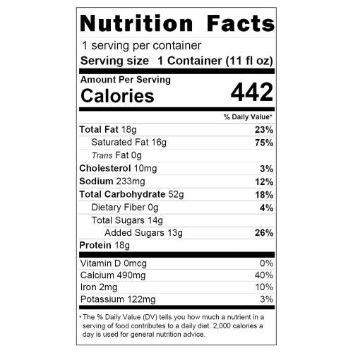 Close-up Nutrition Facts for strawberry beverage: 442 calories per serving