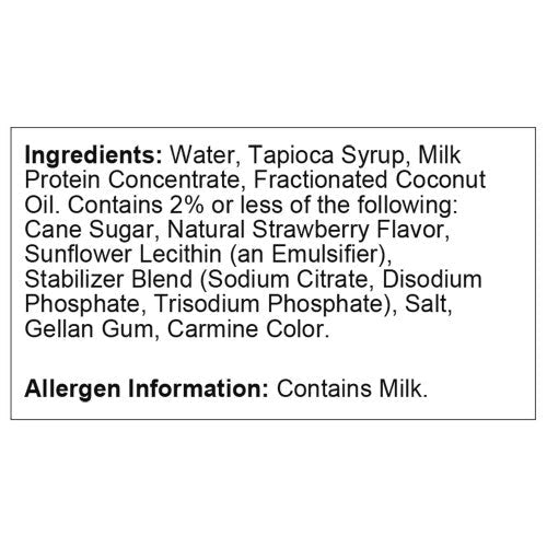 Strawberry nutrition beverage ingredient list, includes water, milk protein, tapioca syrup
