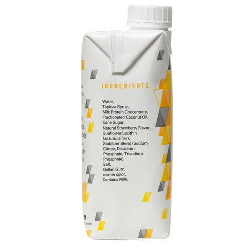 Strawberry nutrition beverage carton, back with ingredient list panel
