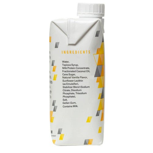 Back of vanilla high-calorie nutrition beverage carton with ingredient list panel.