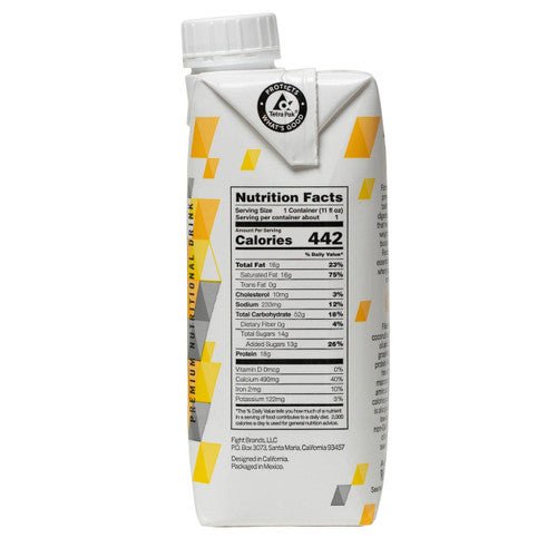 Nutrition Facts panel for vanilla high-calorie nutrition beverage, calories 442.