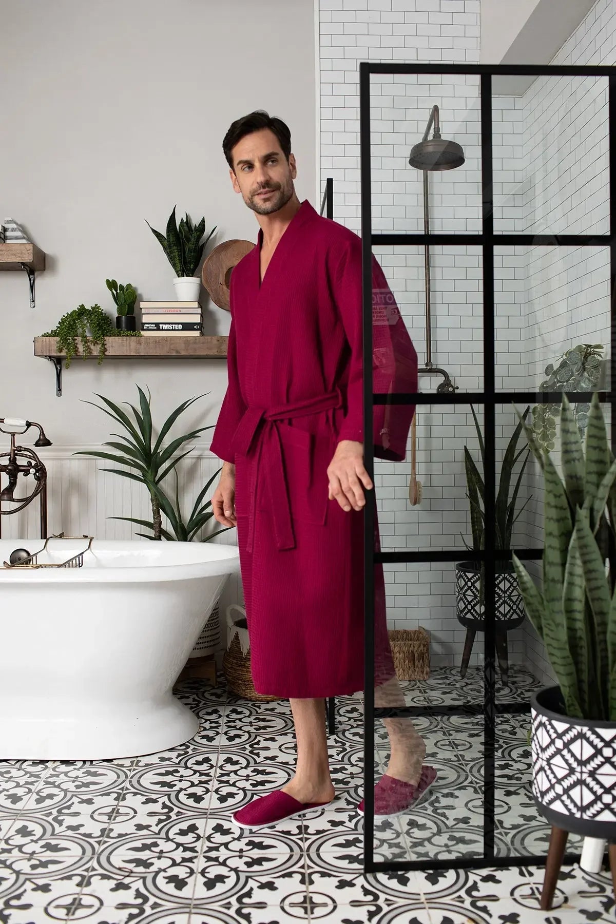 Men’s wine red waffle bathrobe with V-neck and waist tie, mid-calf long sleeves