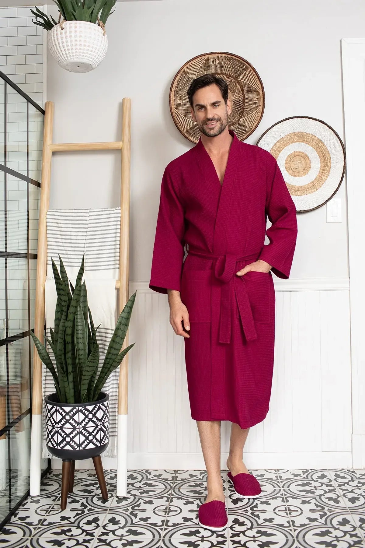 Men's waffle bathrobe, wine red knee-length shawl collar and belt
