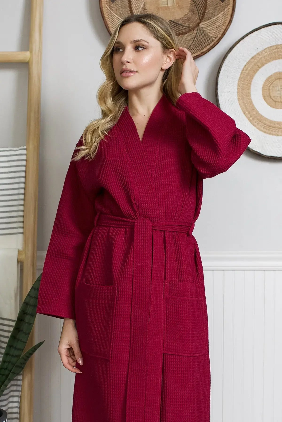 Womens waffle robe, wine red, long sleeves, waist tie, V-neck, midi length.