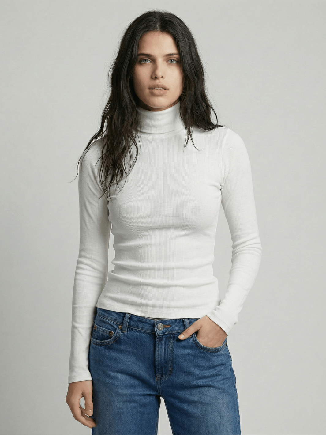 White ribbed turtleneck sweater, high neck, long sleeves, waist-hugging fit