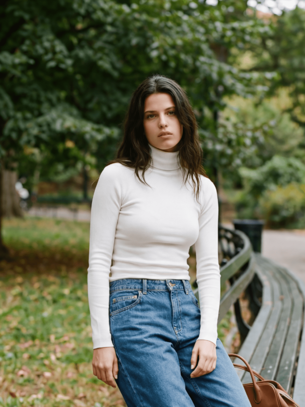 White ribbed turtleneck sweater with high neck and long sleeves
