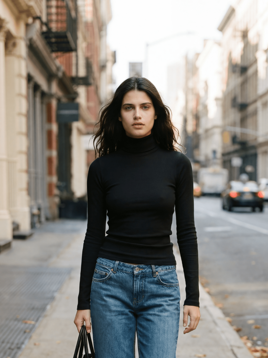 Black ribbed turtleneck sweater with long sleeves and fitted silhouette