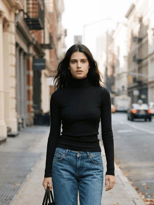 Black ribbed turtleneck sweater with long sleeves and fitted silhouette